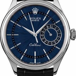 Rolex Cellini Date Blue Dial Black Leather Strap Men-s Watch 50519