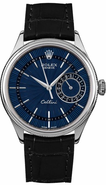 Rolex Cellini Date Blue Dial Black Leather Strap Men-s Watch 50519