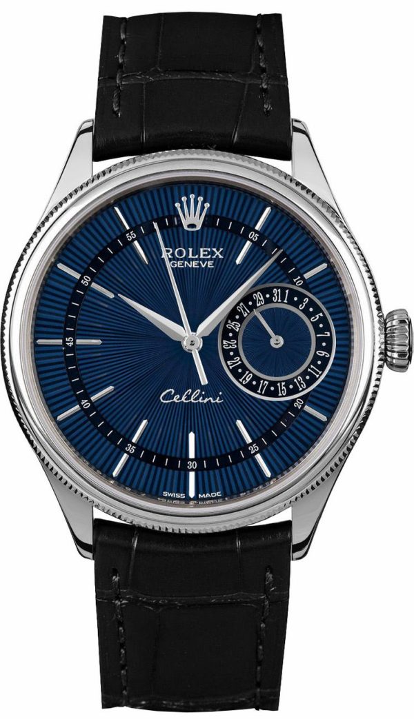 Rolex Cellini Date Blue Dial Black Leather Strap Men-s Watch 50519